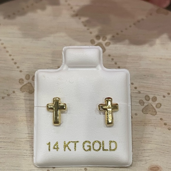 Real Solid 14K Yellow Gold Cross Screwback Earrings - Picture 3 of 5